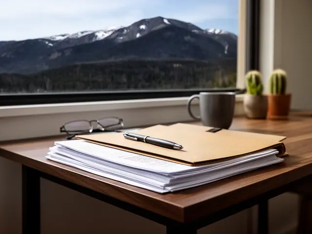 Stack of papers and kraft folders with a pen on a walnut desk by a mountain-view window